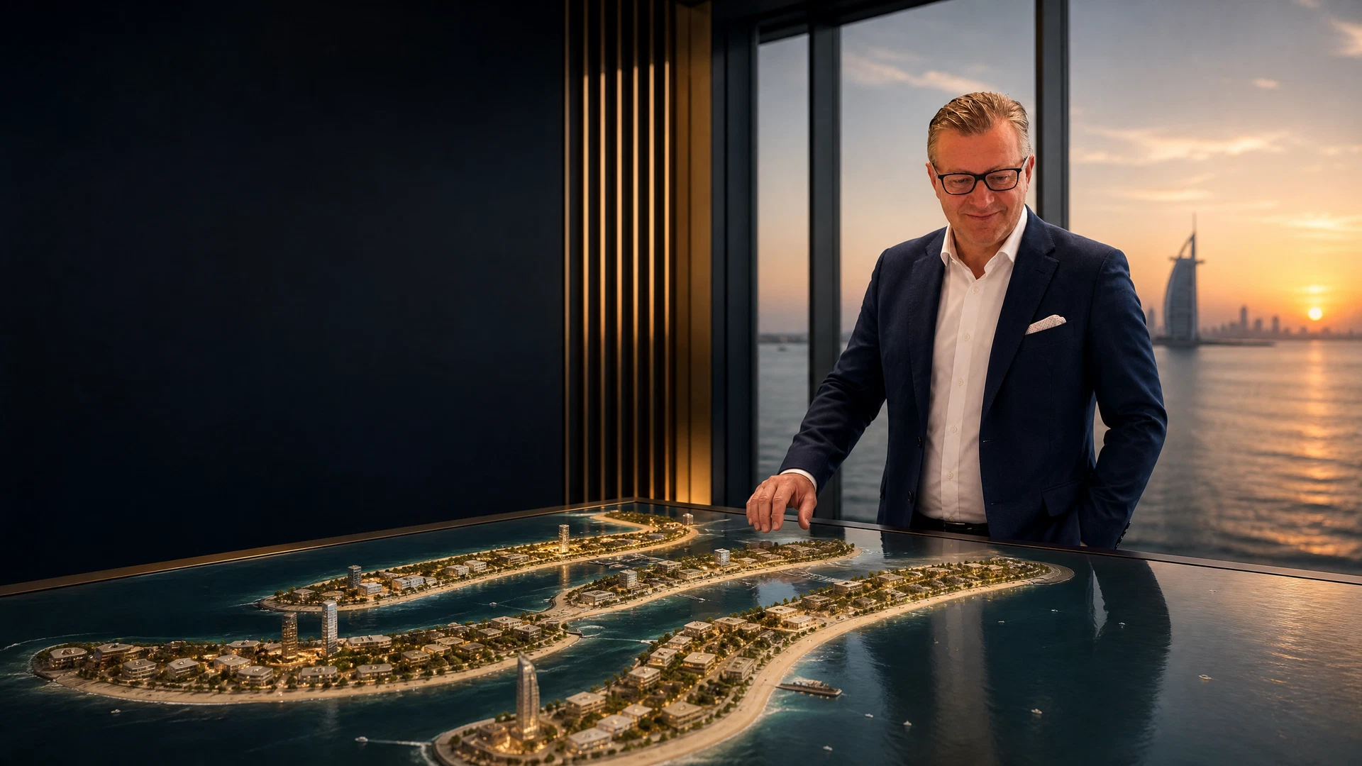 Arnd Hannecke in einer Beratungsszene zu Dubai Islands und einer hochwertigen Waterfront-Planung.