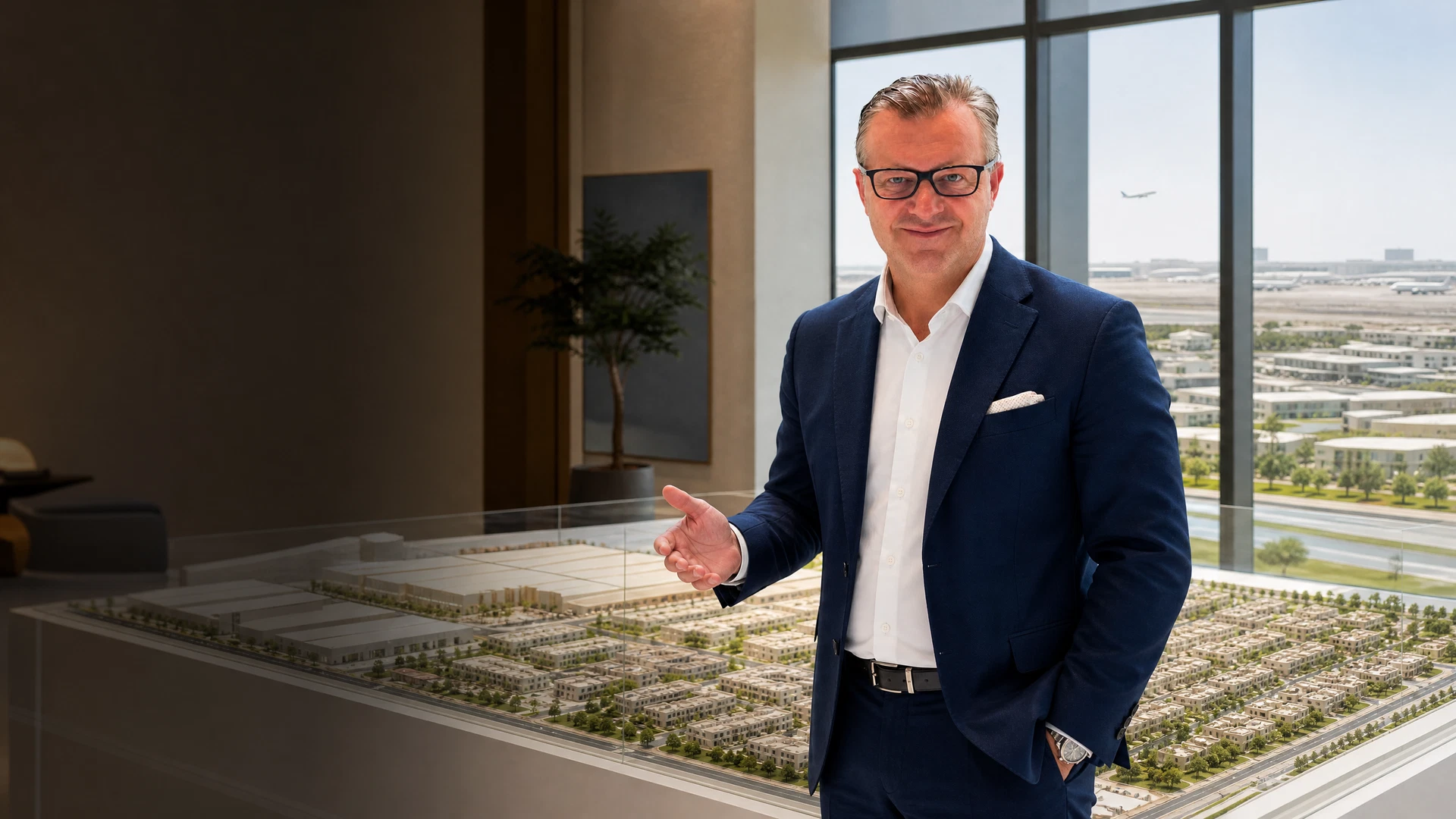 Arnd Hannecke erläutert die strategische Lage von Dubai South an einem Masterplan.